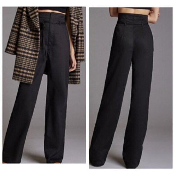 Boyish Cinched Womens Straight LONG HEM Paper Bag Wide Leg Pants Sz 27 in BLACK - Picture 1 of 9
